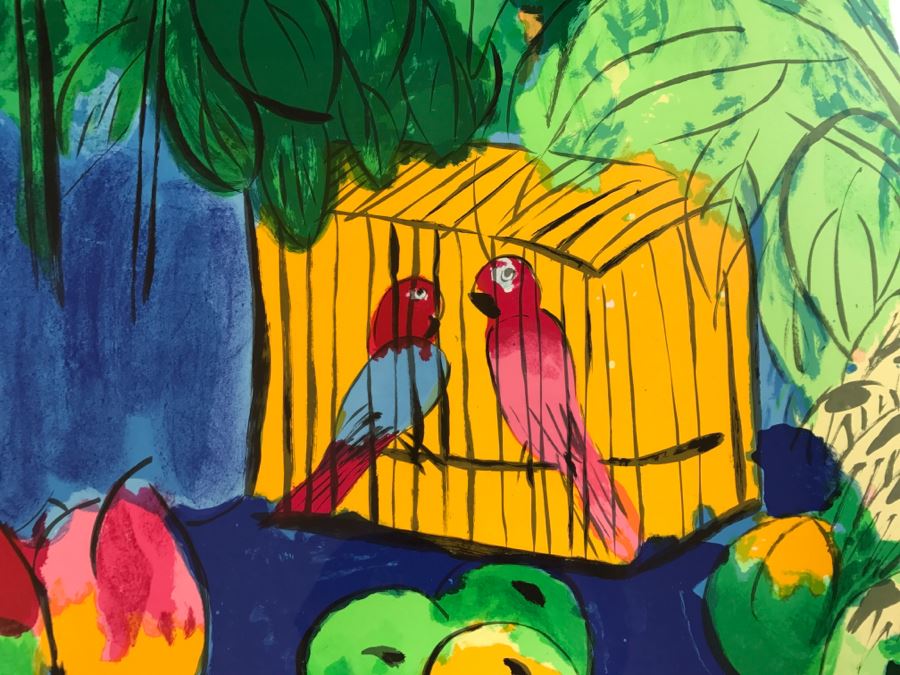 Walasse Ting Print Framed Flowers And Parrots - No Signature - No Dots Under Loop On Poster Board - Listed Chinese Artist - 5'3' X 4'1' [Photo 4]