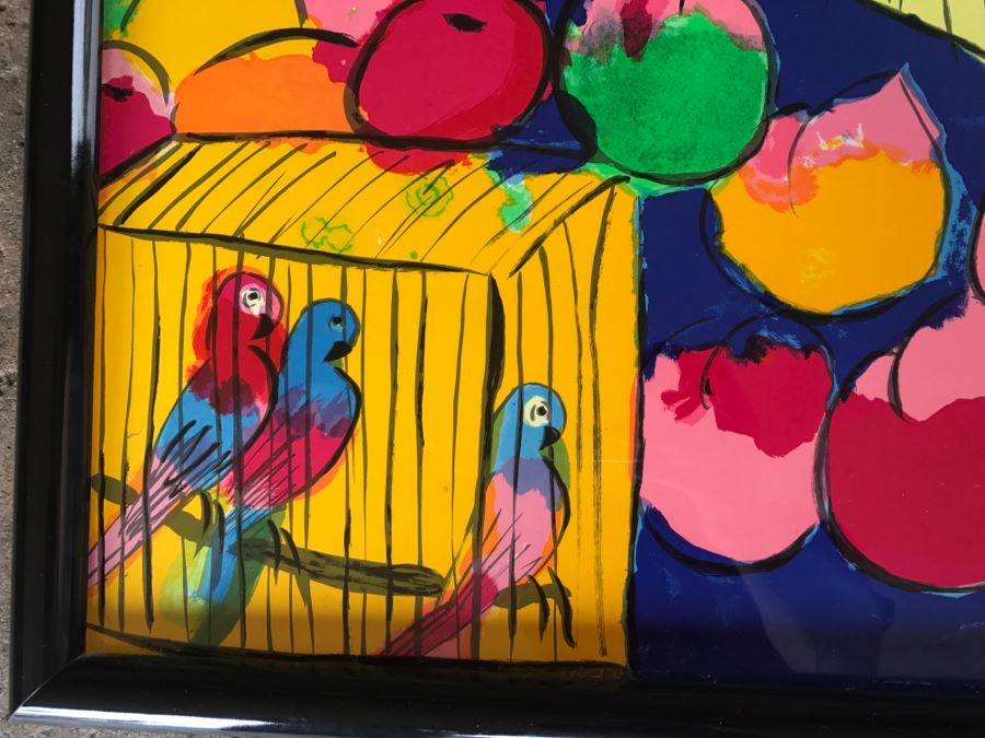 Walasse Ting Print Framed Flowers And Parrots - No Signature - No Dots Under Loop On Poster Board - Listed Chinese Artist - 5'3' X 4'1' [Photo 6]