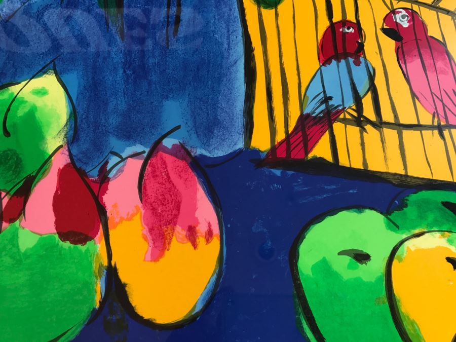 Walasse Ting Print Framed Flowers And Parrots - No Signature - No Dots Under Loop On Poster Board - Listed Chinese Artist - 5'3' X 4'1' [Photo 7]