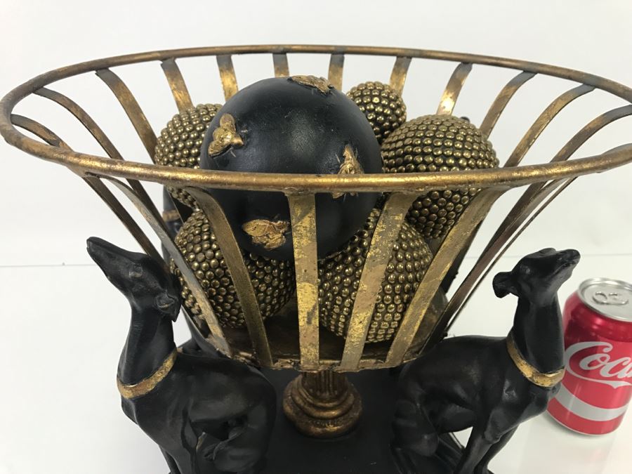Black And Gold Basket With Three Greyhound Dogs And Decorative Ornament Balls [Photo 3]