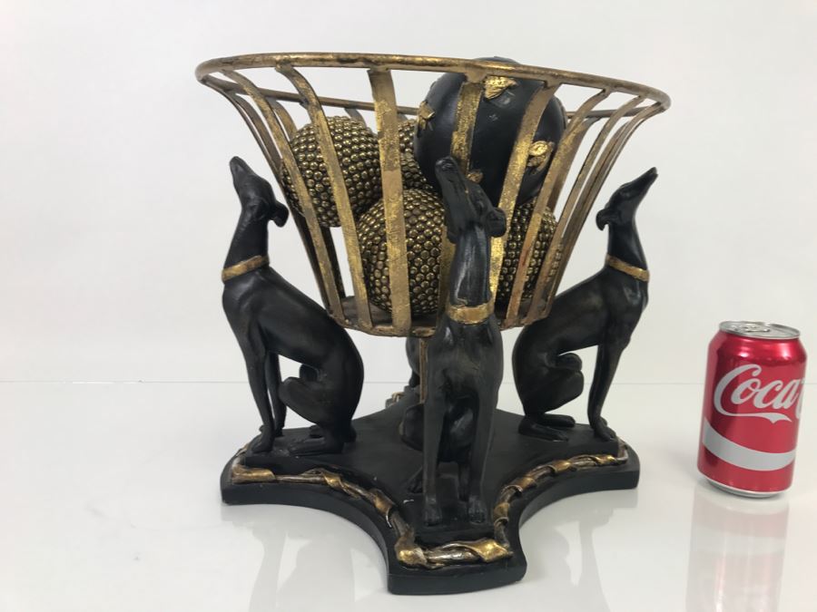 Black And Gold Basket With Three Greyhound Dogs And Decorative Ornament Balls [Photo 7]