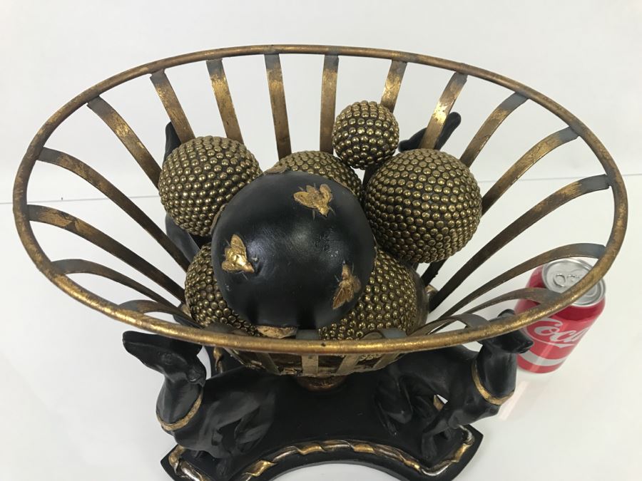 Black And Gold Basket With Three Greyhound Dogs And Decorative Ornament Balls [Photo 4]