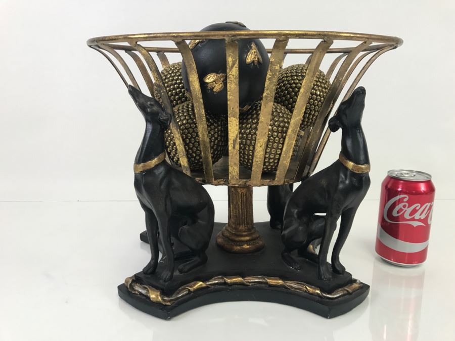 Black And Gold Basket With Three Greyhound Dogs And Decorative Ornament Balls [Photo 1]