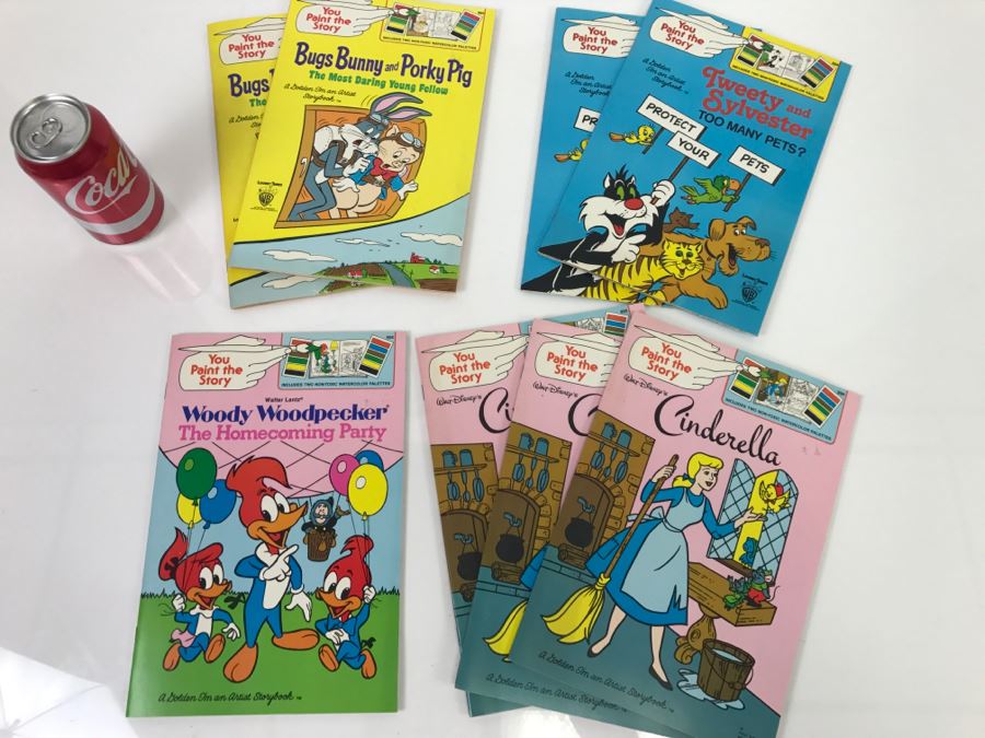 (8) Vintage New Old Stock You Paint The Story Cinderella, Woody Woodpecker, Bugs Bunny And Porky Pig, And Tweety And Sylvester Walt Disney Warner Bros