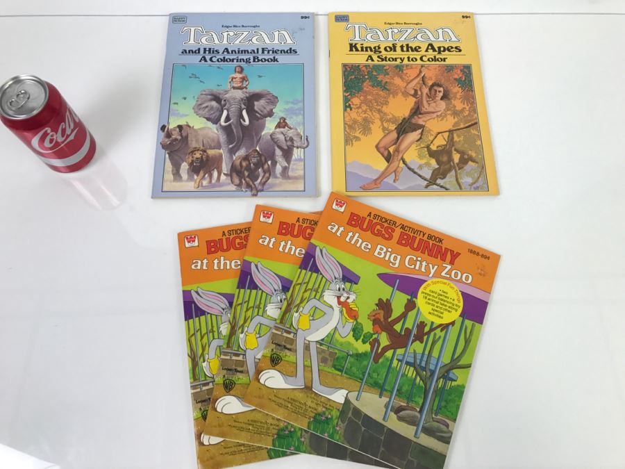 (5) Vintage Tarzan Coloring Books And Bugs Bunny Sticker / Activity Books New Old Stock