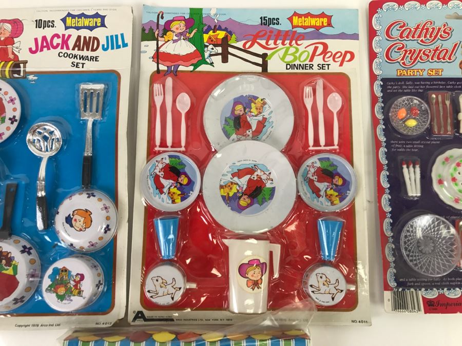 Vintage Metalware Doll House Dinner Cookware Sets + Doll House Crystal Set + Doll House Furniture With Bendable Doll All New Old Stock [Photo 2]