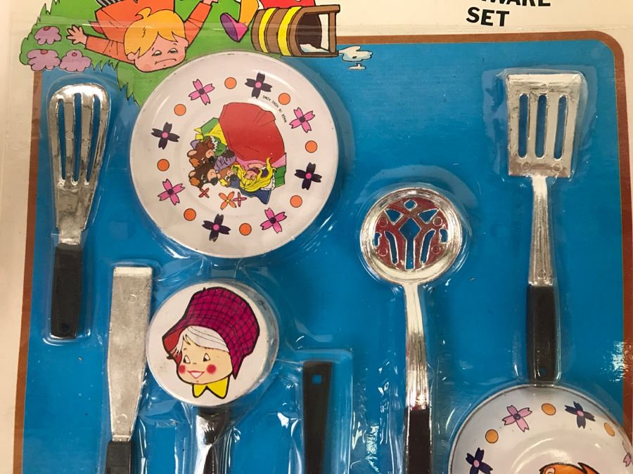 Vintage Metalware Doll House Dinner Cookware Sets + Doll House Crystal Set + Doll House Furniture With Bendable Doll All New Old Stock [Photo 8]