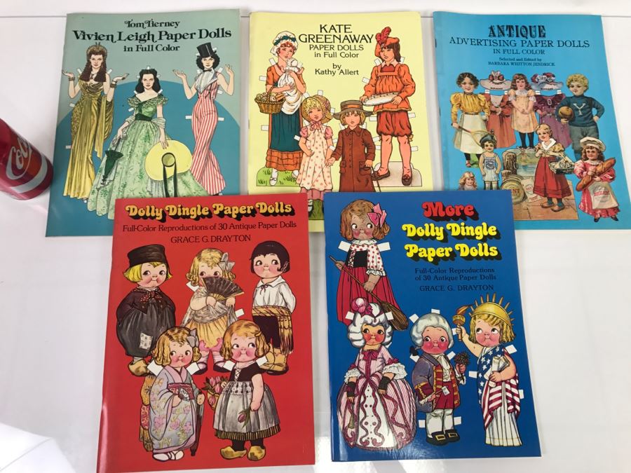 (5) Vintage Paper Dolls New Old Stock Dolly Dingle, Vivien Leigh, Kate Greenaway, Antique Advertising