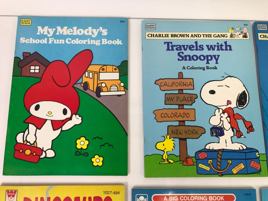 (10) Collection Of Coloring Books Snoopy, Dennis The Menace, The Little Mermaid, Popeye, Bugs Bunny, Dinosaurs, My Melody - New Old Stock [Photo 7]