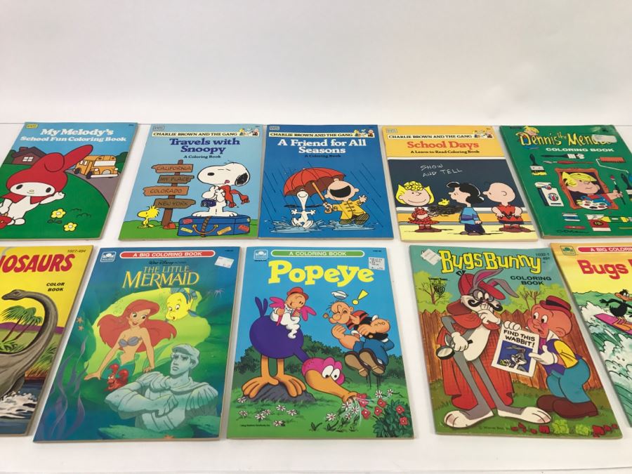 (10) Collection Of Coloring Books Snoopy, Dennis The Menace, The Little Mermaid, Popeye, Bugs Bunny, Dinosaurs, My Melody - New Old Stock