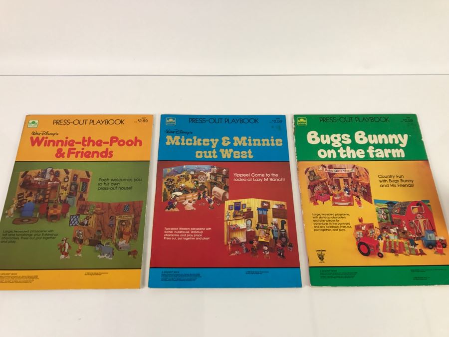(3) Press-Out Playbook Walt Disney's Winnie-The-Pooh & Friends, Mickey & Minnie Out West, Bugs Bunny On The Farm New Old Stock