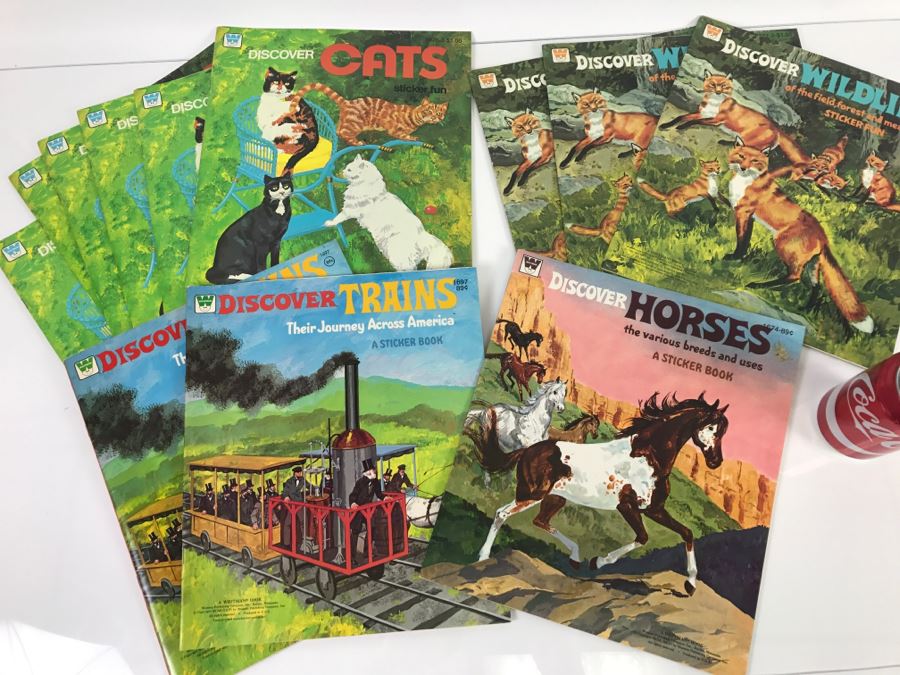 (12) Vintage Sticker Books Discover Cats, Discover Trains, Discover Horses, Discover Wildlife New Old Stock [Photo 1]