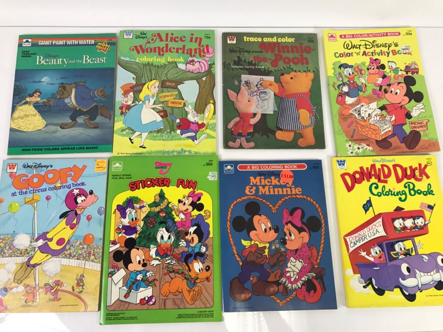 (8) Vintage Color, Activity Sticker Books Walt Disney's Alice In Wonderland, Winnie-The-Pooh, Donald Duck, Goofy, Beauty And The Beast, Disney Babies New Old Stock [Photo 2]