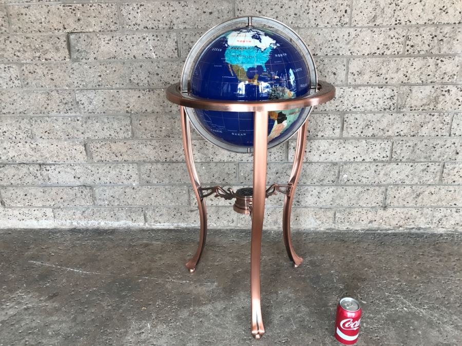 Blue Lapis Ocean Floor Standing Gemstone World Globe With Copper Tripod Stand And Working Compass - 3'H X 1'7'R