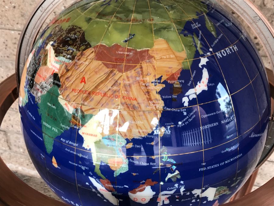 Blue Lapis Ocean Floor Standing Gemstone World Globe With Copper Tripod Stand And Working Compass - 3'H X 1'7'R [Photo 9]