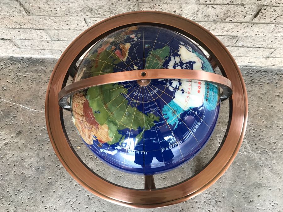 Blue Lapis Ocean Floor Standing Gemstone World Globe With Copper Tripod Stand And Working Compass - 3'H X 1'7'R [Photo 11]