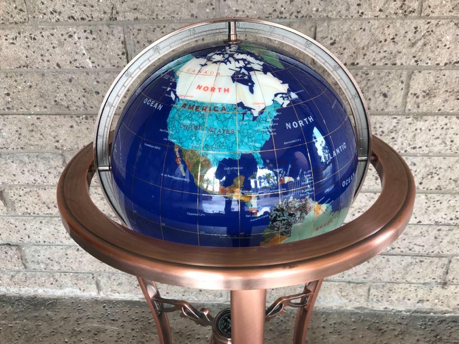 Blue Lapis Ocean Floor Standing Gemstone World Globe With Copper Tripod Stand And Working Compass - 3'H X 1'7'R [Photo 3]
