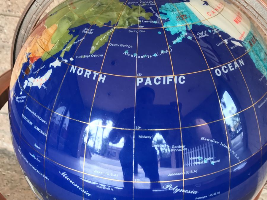 Blue Lapis Ocean Floor Standing Gemstone World Globe With Copper Tripod Stand And Working Compass - 3'H X 1'7'R [Photo 10]