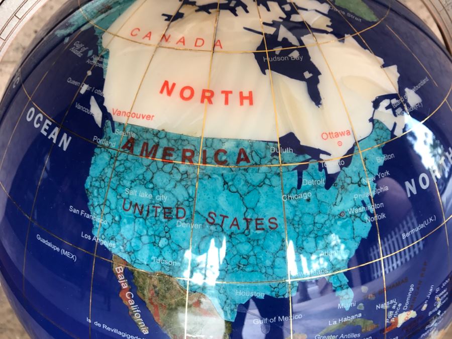 Blue Lapis Ocean Floor Standing Gemstone World Globe With Copper Tripod Stand And Working Compass - 3'H X 1'7'R [Photo 5]