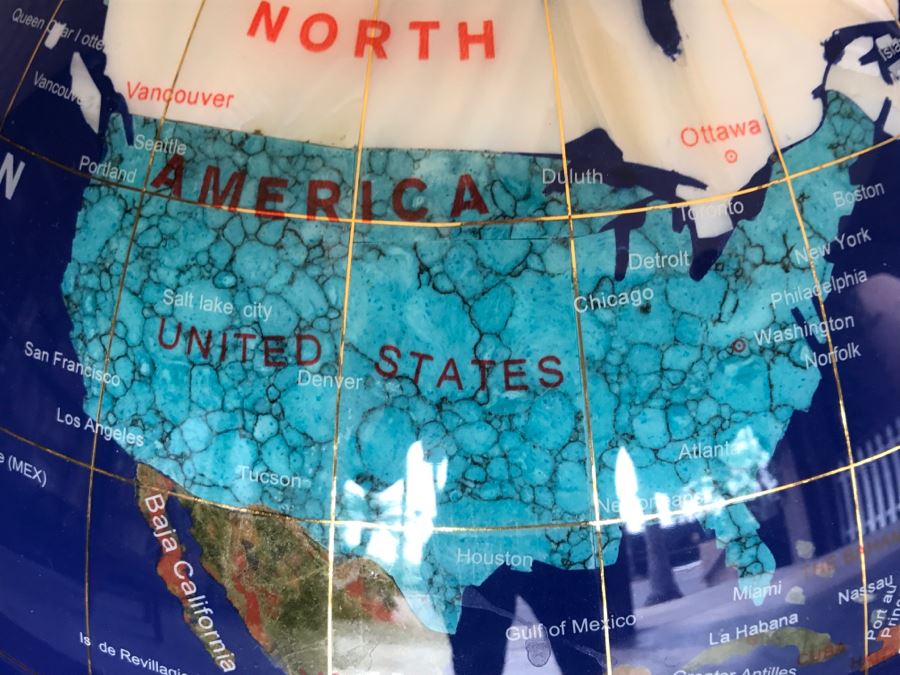 Blue Lapis Ocean Floor Standing Gemstone World Globe With Copper Tripod Stand And Working Compass - 3'H X 1'7'R [Photo 6]