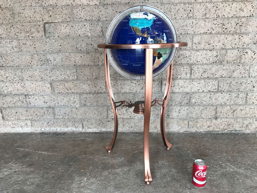 Blue Lapis Ocean Floor Standing Gemstone World Globe With Copper Tripod Stand And Working Compass - 3'H X 1'7'R [Photo 2]