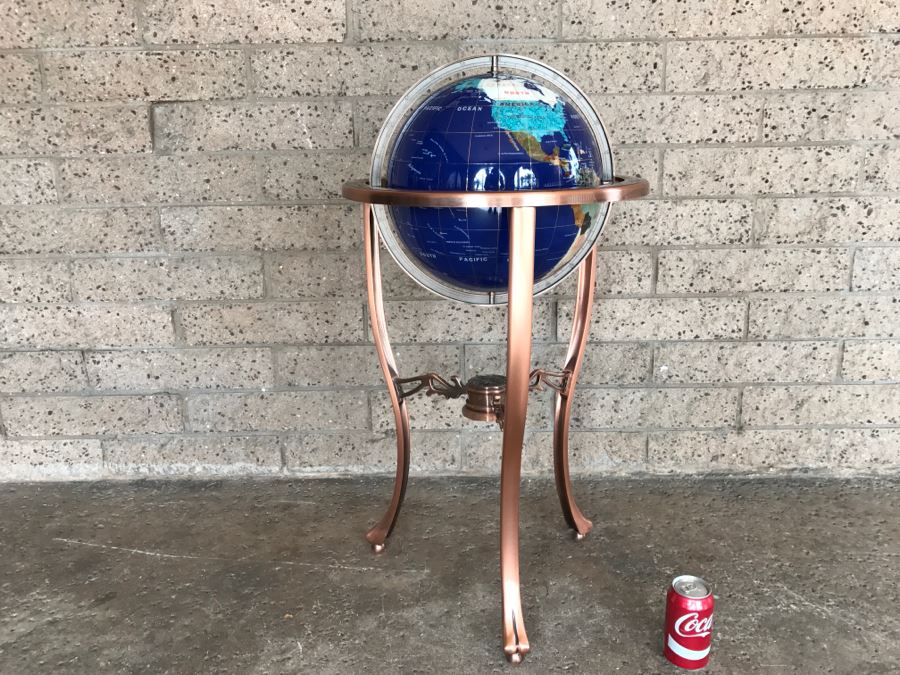 Blue Lapis Ocean Floor Standing Gemstone World Globe With Copper Tripod Stand And Working Compass - 3'H X 1'7'R [Photo 15]