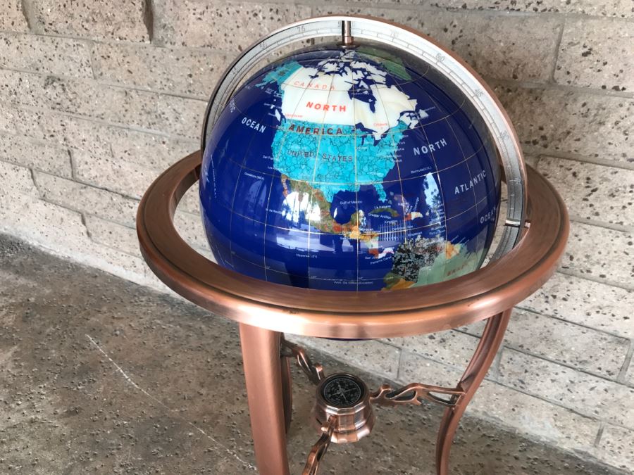 Blue Lapis Ocean Floor Standing Gemstone World Globe With Copper Tripod Stand And Working Compass - 3'H X 1'7'R [Photo 16]