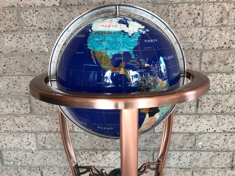 Blue Lapis Ocean Floor Standing Gemstone World Globe With Copper Tripod Stand And Working Compass - 3'H X 1'7'R [Photo 4]