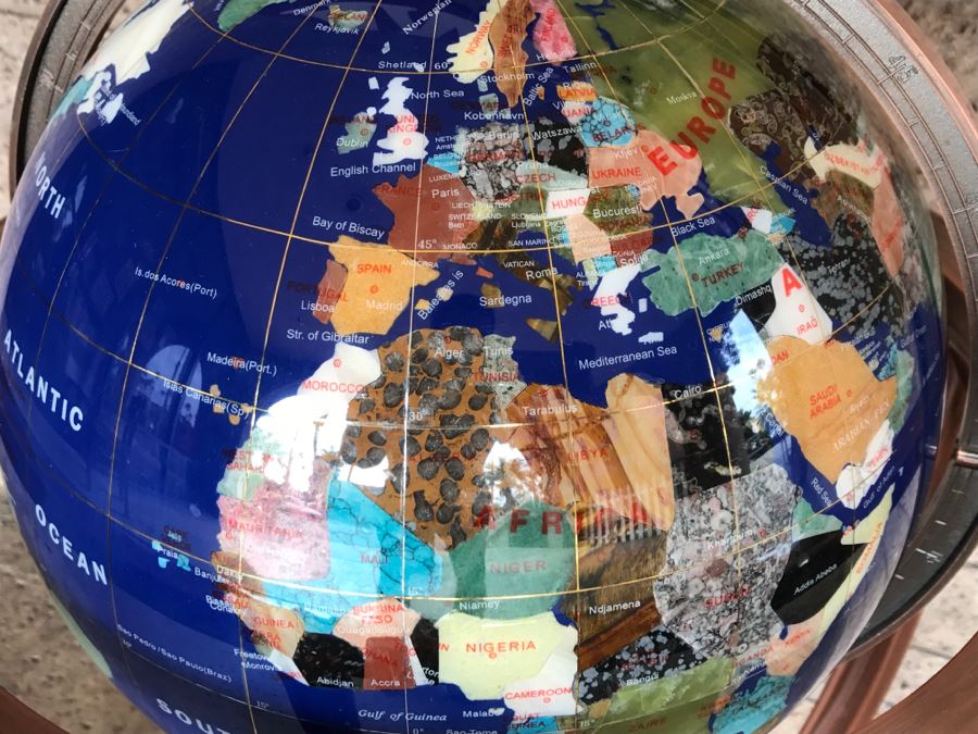 Blue Lapis Ocean Floor Standing Gemstone World Globe With Copper Tripod Stand And Working Compass - 3'H X 1'7'R [Photo 8]