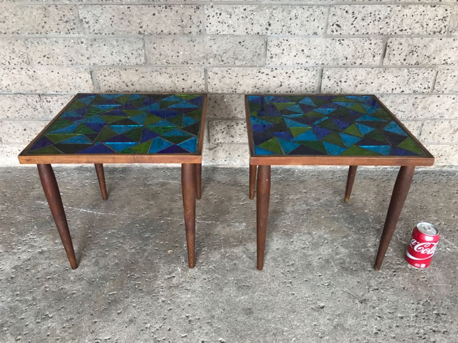 Pair Of Mid-Century Modern Tile Top Side Tables - 1'5'W X 1'5'D X 1'4'H Each [Photo 3]