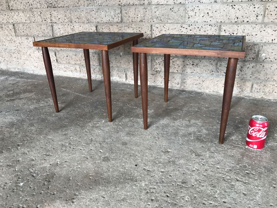 Pair Of Mid-Century Modern Tile Top Side Tables - 1'5'W X 1'5'D X 1'4'H Each [Photo 4]