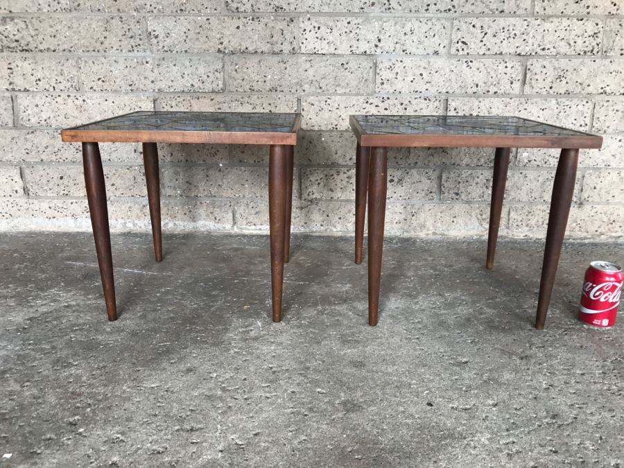 Pair Of Mid-Century Modern Tile Top Side Tables - 1'5'W X 1'5'D X 1'4'H Each [Photo 2]