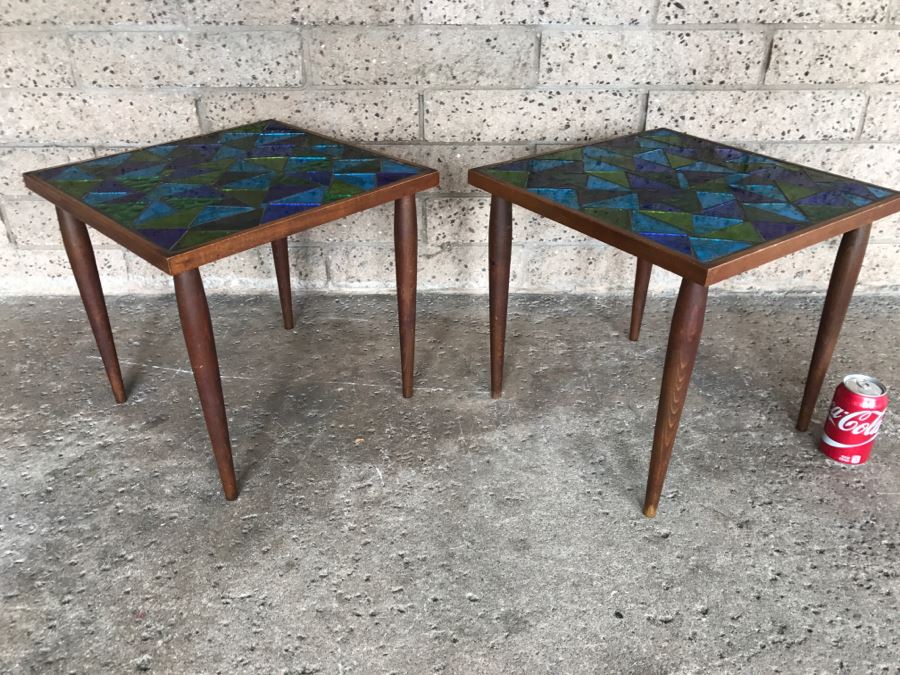 Pair Of Mid-Century Modern Tile Top Side Tables - 1'5'W X 1'5'D X 1'4'H Each