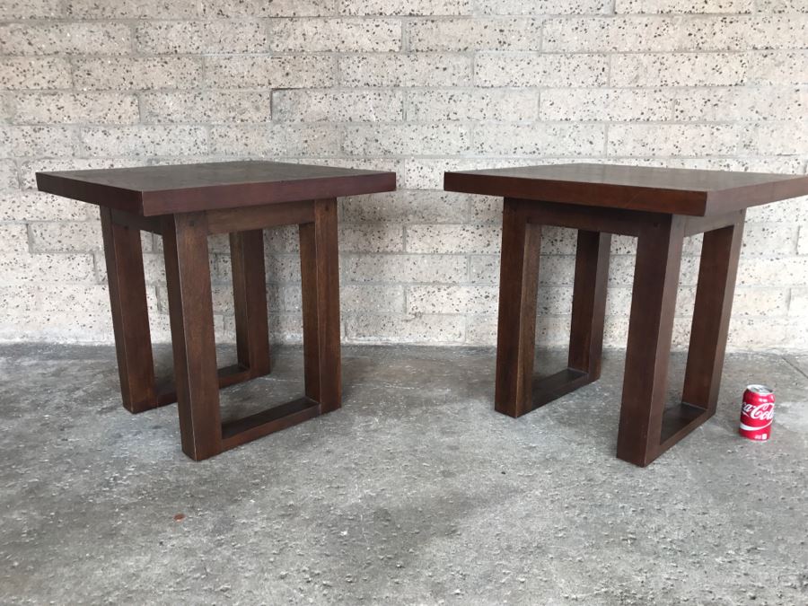 Pair Of Heavy Solid Wood Modern Side Tables Well Crafted - 2'1'W X 2'1'D X 2'1'H Each [Photo 1]