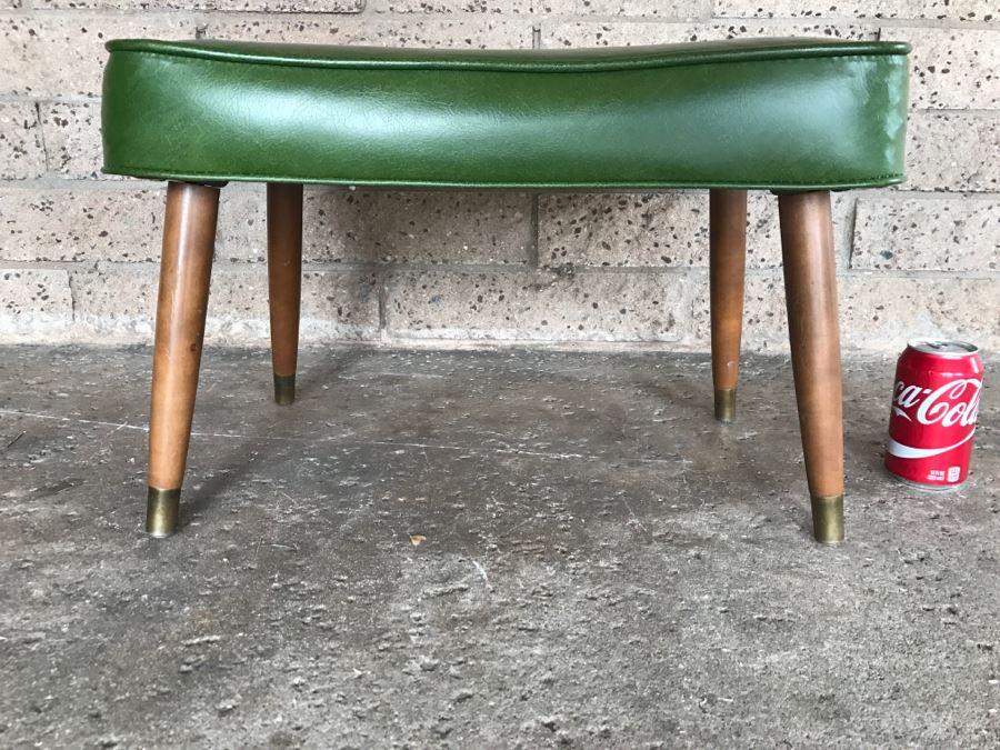 Mid-Century Modern Stool With Green Upholstery - 1'10'W X 1'2'D X 1'3'H [Photo 1]