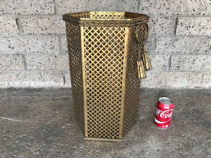 Gilt Metal Waste Basket With Tassel Rope Design [Photo 1]