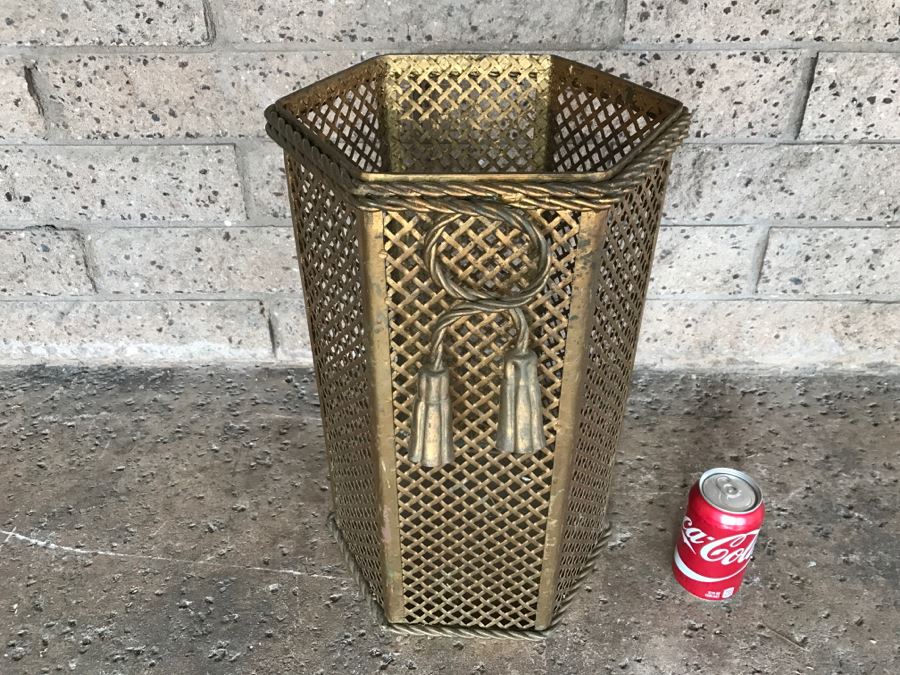 Gilt Metal Waste Basket With Tassel Rope Design [Photo 3]