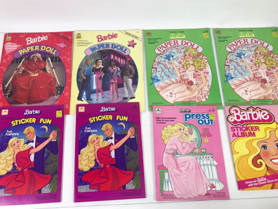 (8) Barbie Paper Dolls, Barbie Sticker Fun, Barbie Press-Out, Barbie Sticker Album New Old Stock