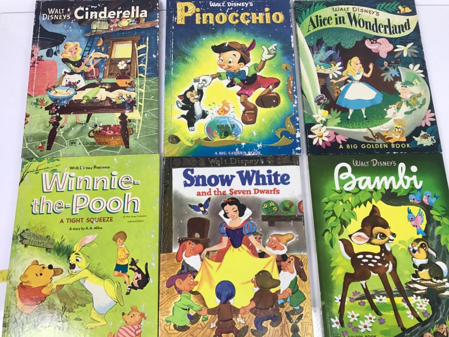 (6) Vintage 1975 Walt Disney Books Cinderella, Pinocchio, Alice In Wonderland, Winnie-The-Pooh, Snow White And The Seven Dwarfs, Bambi Big Golden Books [Photo 1]