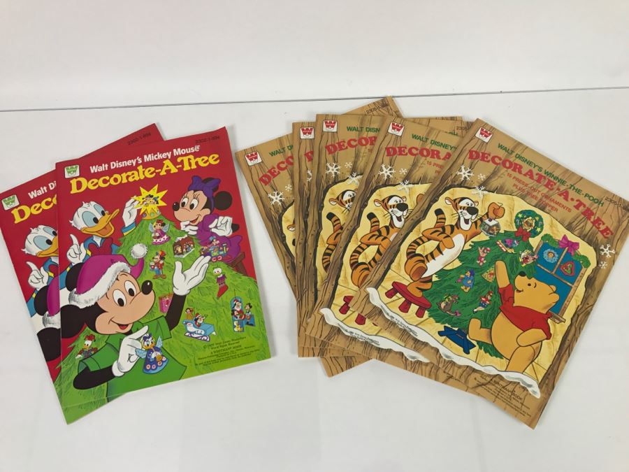 (2) Vintage 1979 Walt Disney's Mickey Mouse Decorate-A-True And (5) Vintage 1980 Winnie-The-Pooh Decorate-A-Tree Books New Old Stock