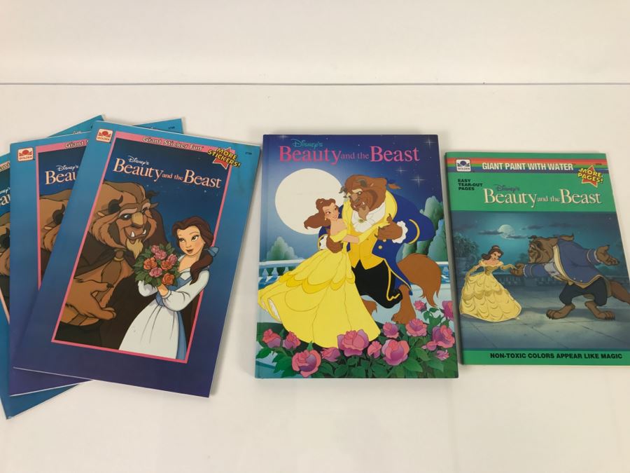 (5) Disney's Beauty And The Beast Sticker Books, First Edition Book And Giant Paint With Water Book New Old Stock