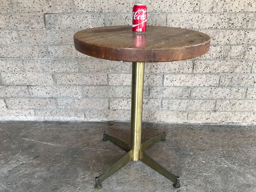 Solid Wood Top Bar Cafe Table With Brass Metal Base