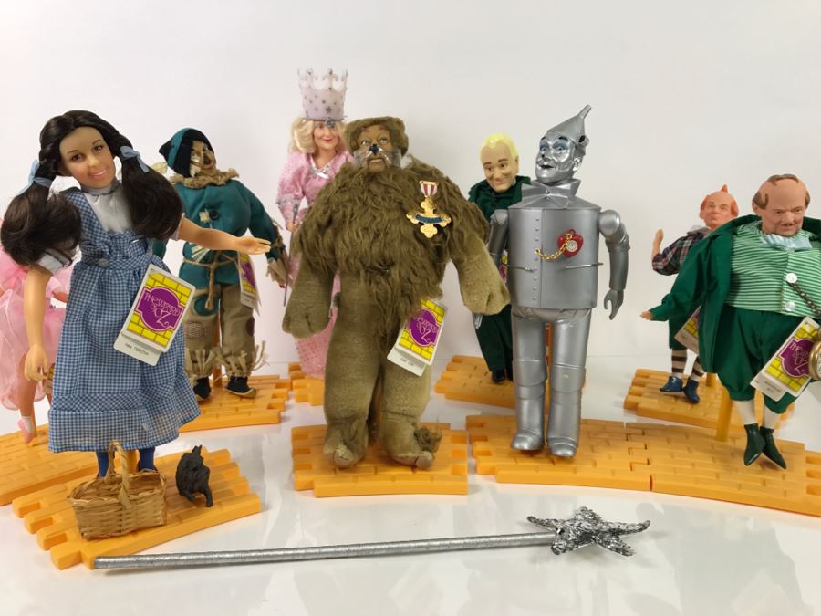 (9) Vintage The Wizard Of Oz Dolls With Tags Collection With Yellow Brick Road Stands