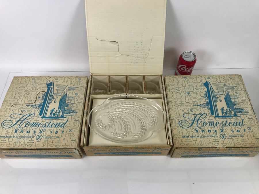 Set Of (3) Complete Homestead Snack Sets By Federal Glass Co. In Original Packaging [Photo 1]