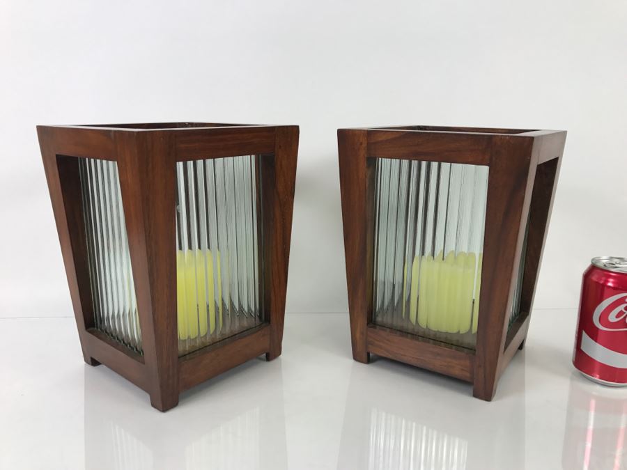 Pair Of Wood And Glass Candleholders