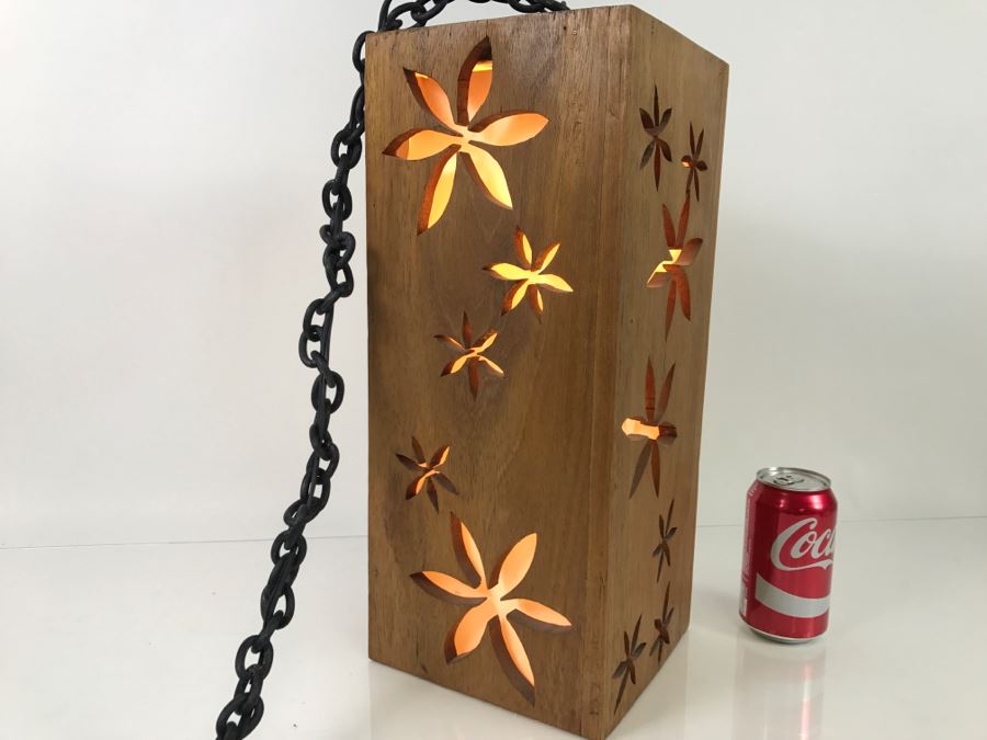 Hanging Wooden Light Fixture With Floral Cut Outs [Photo 2]
