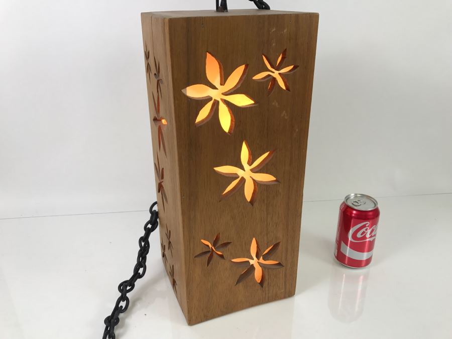 Hanging Wooden Light Fixture With Floral Cut Outs [Photo 6]