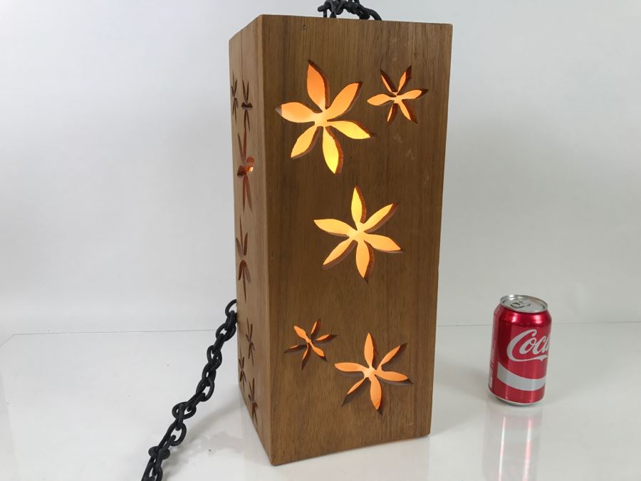 Hanging Wooden Light Fixture With Floral Cut Outs [Photo 5]