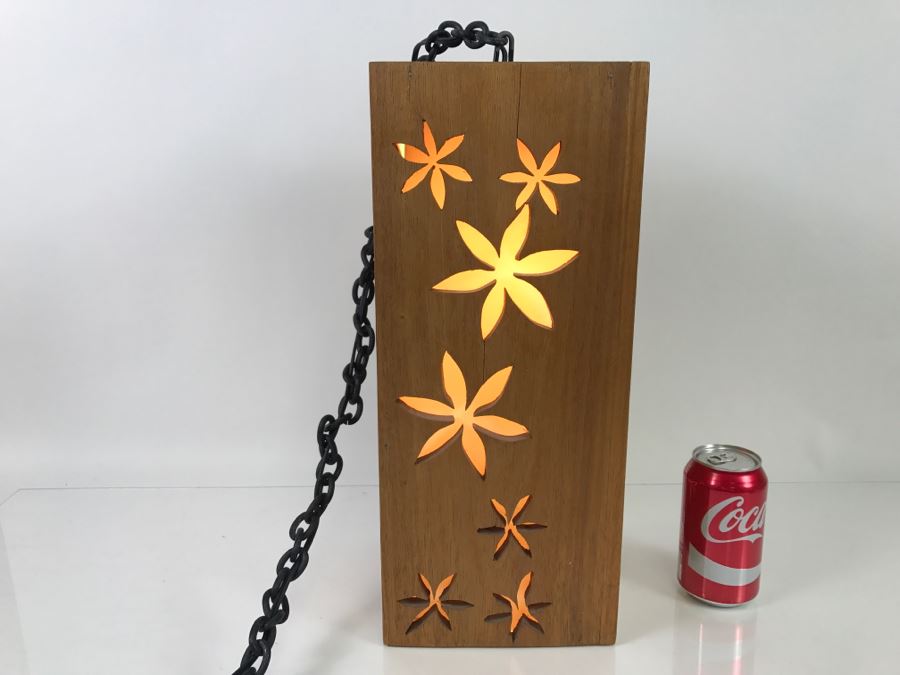 Hanging Wooden Light Fixture With Floral Cut Outs [Photo 3]