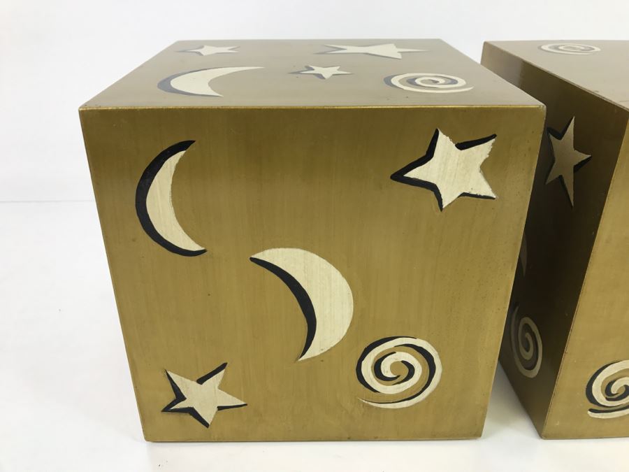 Matching Pair Of Gold Painted Square Shelf Boxes Stars And Moon [Photo 3]